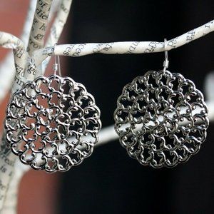 Stella Blue Design "Walk this Way" Earrings Vintage Silver Filigree Disks